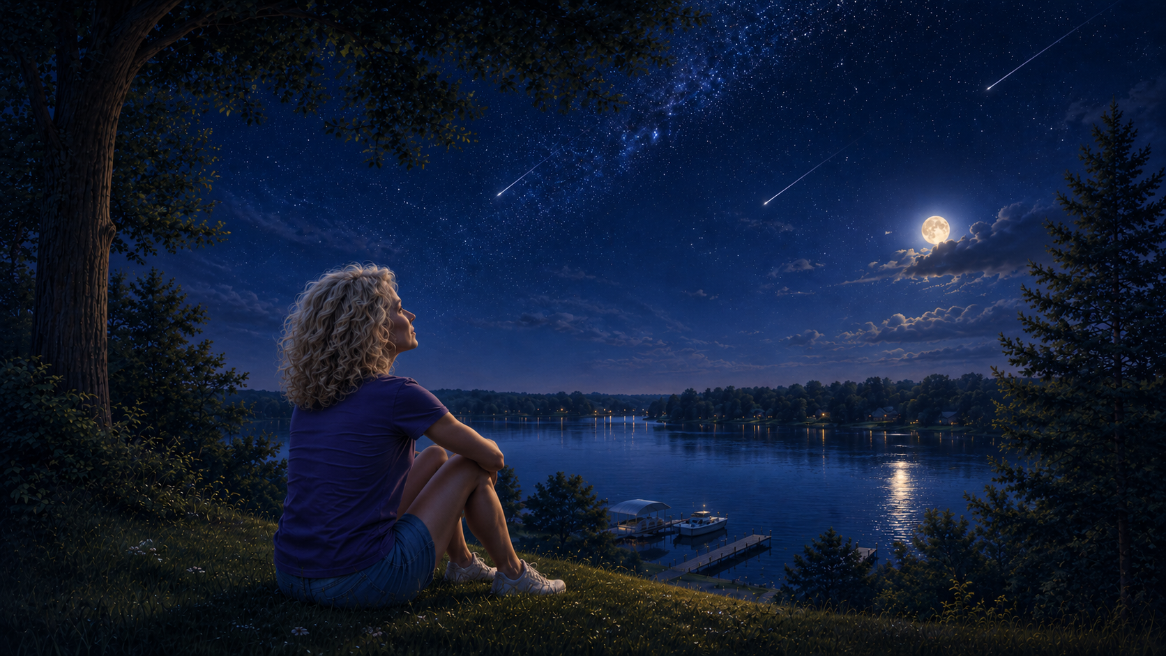 StarLight sitting beneath a moonlit sky as glowing shooting stars cross over the lake.
