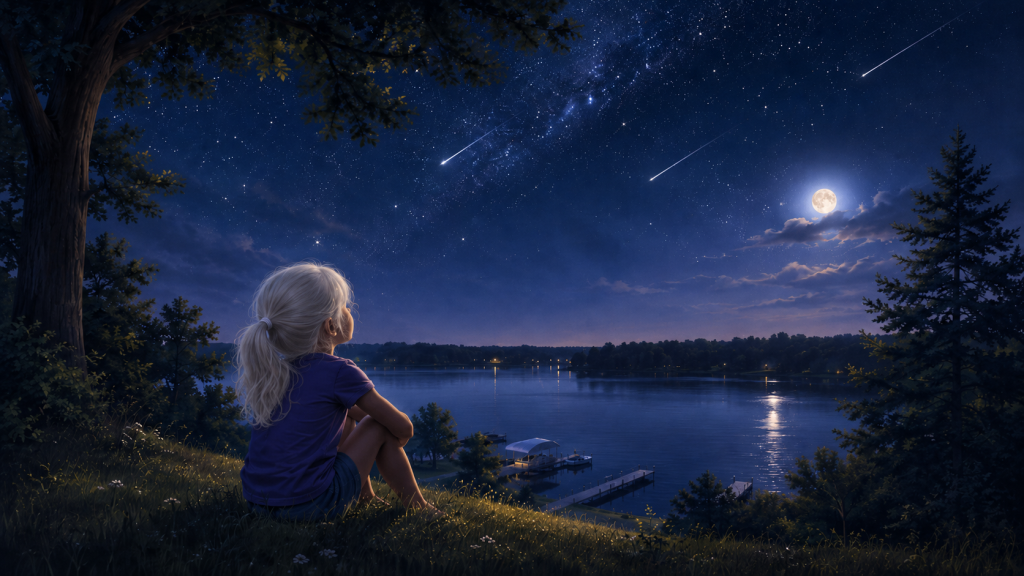 A young girl watching meteor showers over a moonlit lake