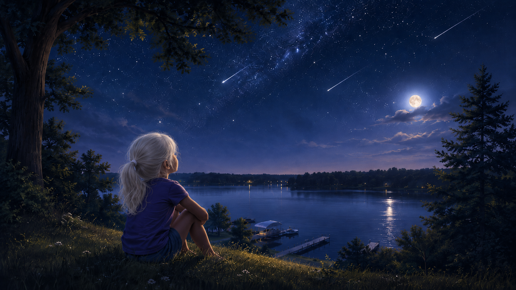 A young girl watching meteor showers over a moonlit lake
