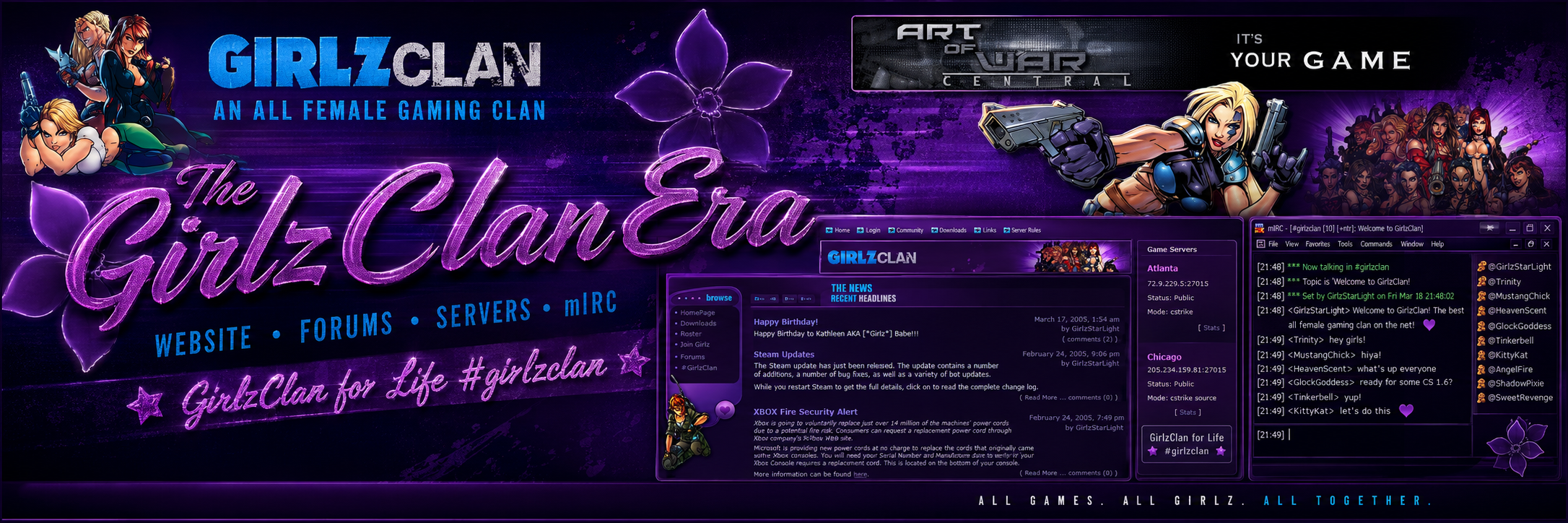 GirlzClan Era artwork featuring the clan website, servers, forums, and mIRC community