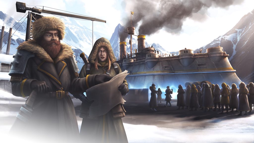 Airship: Kingdoms Adrift artwork with airship captains and a vessel