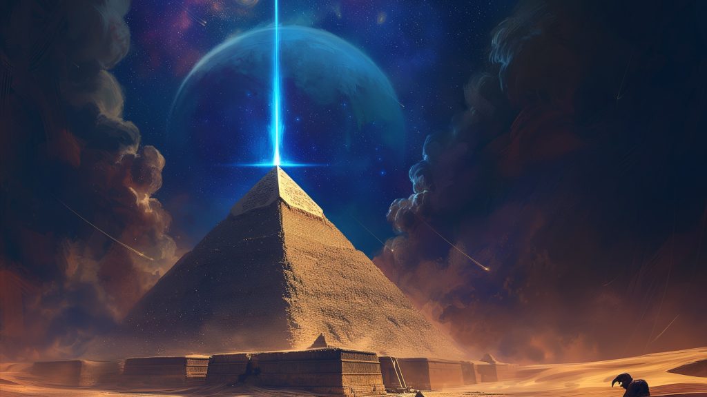 Pyramids and Aliens: Escape Room artwork beneath a blue beam